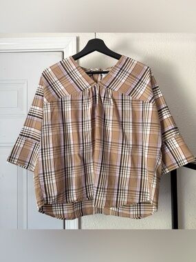 COEN Japan tan multicolor plaid boxy v-neck cropped shirt top blouse